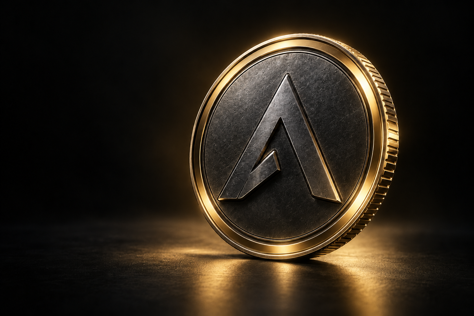 Altın kenarlı, koyu metal yüzeyli ve A sembollü Anlcoin görseli